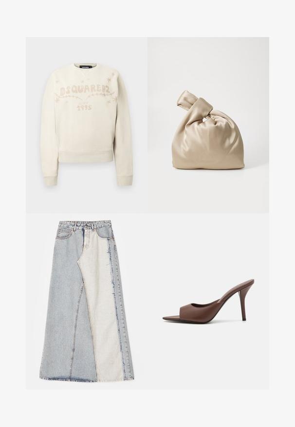 Hosszú ujjú, törtfehér pulóver DSQUARED2 logóval, "1995 óta" felirattal, valamint kis csillag- és inda mintákkal a mellrészen.; Barna bordázott ujjatlan top, kerek nyakkivágással és gyémánt alakú kivágással, ezüstszínű részletekkel.; Farmernadrág szoknya foltos mintázattal, világos és közép kék színű részekkel, rojtos szegéllyel és magas derékkal. Klasszikus öt zsebes stílus.; Barna bőr nyitott orrú magassarkú papucs, letisztult dizájnnal, széles elülső pánttal és karcsú stiletto sarokkal.; Beige selyem táska kötött felső résszel, amely lágy, sima textúrával és kerek formával rendelkezik, egyszerű és elegáns dizájnnal.