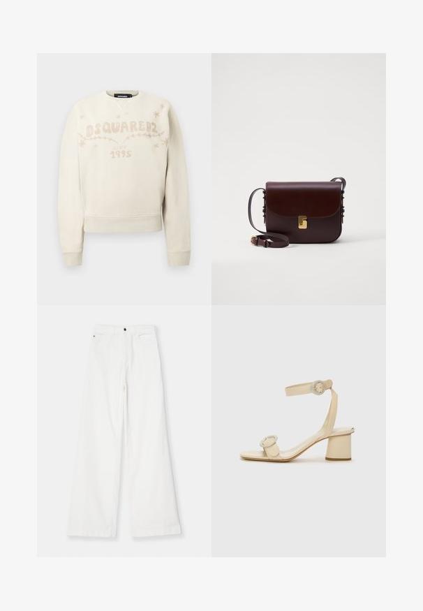 Off-white Langarm-Sweatshirt mit DSQUARED2-Logo, dem Text "seit 1995" und kleinen Stern- sowie Rankenmotiven auf der Brust.; Emporio Armani 5 TASCHE - Stoffhose - bianco caldo; Beige High Heelsandalen mit minimalistischen Design, ausgestattet mit zwei runden Akzenten und einem klobigen Absatz. Hergestellt aus glattem Leder.; Braune Lederhandtasche mit einem Klappenverschluss, goldenen Akzenten und einem verstellbaren Gurt. Sie hat eine glatte Textur und eine elegante rechteckige Form.