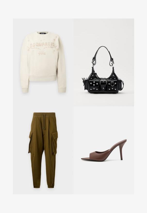 Sudadera de mangas largas color blanco roto con el logo de DSQUARED2, el texto "desde 1995" y pequeños diseños de estrellas y vides en el pecho.; Pantalones joggers verde oliva con cintura ajustable, dos grandes bolsillos de carga con solapas a cada lado y tobillos con puños.; Mules de tacón alto destalonados de cuero marrón con un diseño elegante, que cuentan con una amplia banda frontal y un tacón de aguja esbelto.; Bolso de mano de cuero negro con un diseño curvado, que cuenta con tachuelas plateadas, una hebilla y dos bolsillos laterales. Correa ajustable para opciones de transporte.