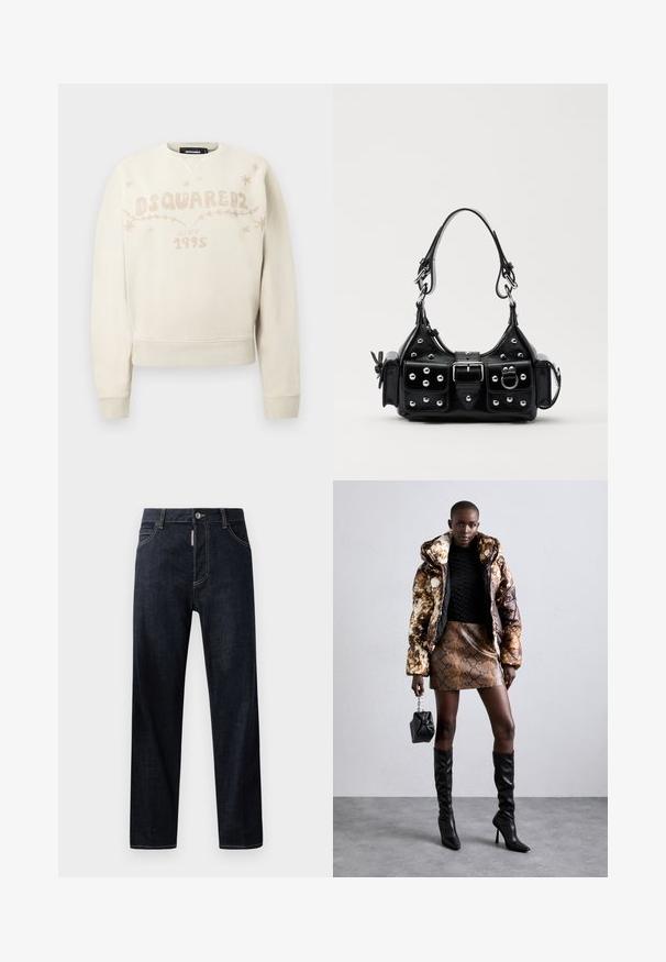 Felpa a maniche lunghe di colore avorio con logo DSQUARED2, testo "dal 1995" e piccoli disegni di stelle e viti sul petto.; Jeans in denim blu scuro con taglio dritto, dotati di chiusura a bottone, passanti per cintura e cuciture chiare a contrasto. Nessun design o motivo.; Giacca a vento con un motivo marrone e nero, abbinata a una mini gonna in stampa pitone marrone, stivali neri alti fino al ginocchio e una piccola borsa nera.; Borsa a mano in pelle nera con design curvo, caratterizzata da borchie argentate, una fibbia e due tasche laterali. Tracolla regolabile per diverse opzioni di trasporto.