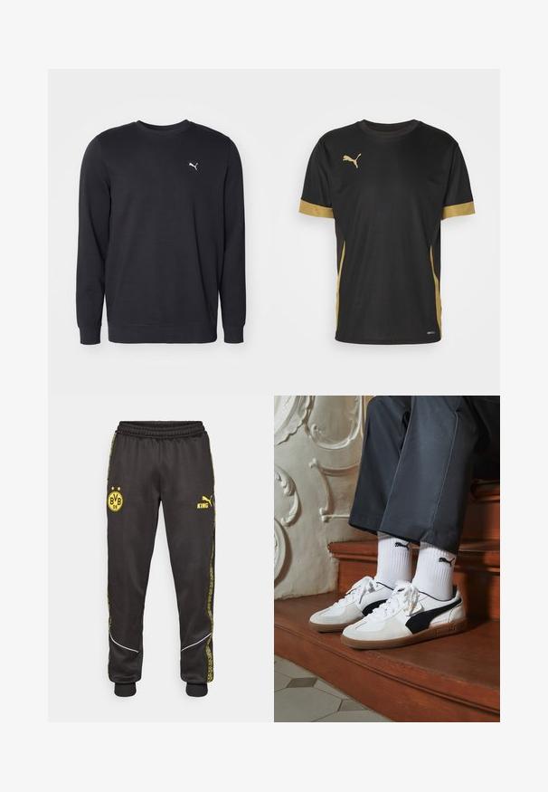 Fekete, pamut keverékből készült pulóver. Kerek nyakkivágással és hosszú ujjal rendelkezik. Kis fehér logó található a bal mellen. Egyszerű design.; Fekete sportpóló arany díszítéssel az ujjakon és az oldalon. Kerek nyakkivágással, rövid ujjakkal és nedvességelvezető DRYCELL anyagból készült.; Fekete sportnadrág sárga Borussia Dortmund BVB 09 és Puma King logókkal, elasztikus derékkal és mintás sárga oldalsó csíkokkal.; Fehér és fekete velúr Puma sportcipők, barna gumitalppal. Fehér zoknival párosítva, amely fekete logót visel, sötét nadrággal kombinálva.