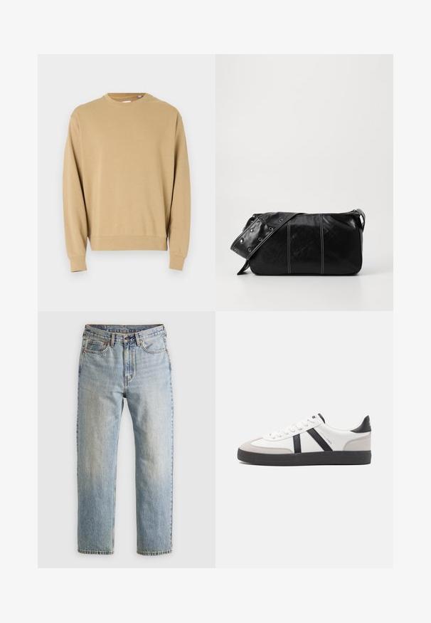 Bež dukserica s dugim rukavima i okruglim izrezom. Izrađena od pamuka, s glatkom teksturom i rebrastim manžetama i obrubom.; Svijetloplave traperice visoki struk, prednji gumb, zatvarač i dizajn s pet džepova, položene ravno na neutralnoj pozadini.; Bijele tenisice s crnim i sivim detaljima, s teksturiranim sivim zaštitnikom prstiju, crnim gumene potplate i ravnim bijelim vezicama. Čist dizajn, minimalistički stil.; Crna kožna torba preko ramena s zatvaranjem na patentni zatvarač, s teksturiranim tijelom, bijelim šavovima i remenom sa srebrnim okovima.