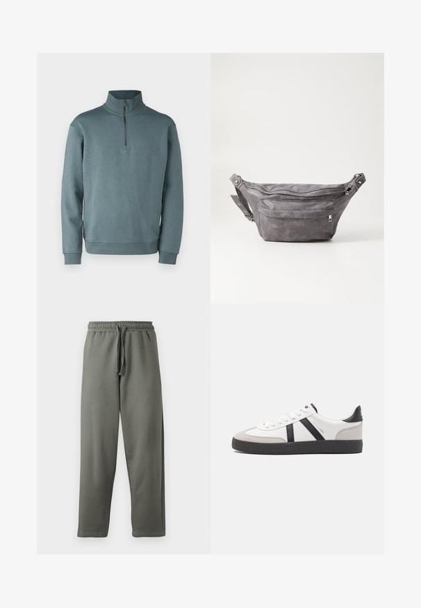 Jack & Jones JJEBRADLEY HALF ZIP - Sudadera - goblin blue; Pantalones deportivos grises hechos de una tela suave con una cinturilla elástica y cordón; cuentan con un corte recto y detalles de costura mínimos.; Zapatilla blanca con acentos en negro y gris, que presenta una puntera texturizada en gris, suela de goma negra y cordones planos blancos. Diseño limpio, estilo minimalista.; Riñonera de ante gris con forma redondeada, dos compartimentos con cremallera y correa ajustable. Presenta acentos de metal.