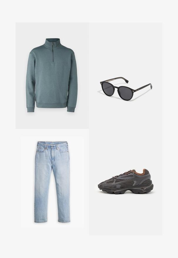 Jack & Jones JJEBRADLEY HALF ZIP - Sweatshirt - goblin blue; Helle blaue Denim-Jeans mit geradem Bein, im Fünf-Taschen-Stil und kontrastierenden Nähten. Knopf- und Reißverschluss an der Taille.; Lacoste Sneaker in Dunkelgrau aus Mesh und Synthetikmaterial, mit einer strukturierten Sohle und braunen Akzenten am Kragen und Logo.; BOSS Sonnenbrille - black