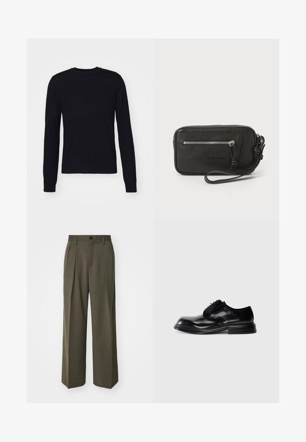 Melnā garo piedurkņu džemperis, izgatavots no mīksta auduma, ar apaļu kakla izgriezumu un ribotām aprocēm. Vienkāršs, bez rotājumiem dizains, bez rakstiem vai metāla elementiem.; Filippa K WIDE TROUSERS - Auduma bikses - driftwood; Melna ādas vīriešu apavu kurpe ar noapaļotu purngalu, gludu apdari, auklu aizdari un kāju papēdi. Minimālisma stils bez redzamām logrām.; Melnas ādas clutch soma ar teksturētu virsmu, priekšējo rāvējslēdzēja kabatu un noņemamu roku siksnu. Iekļauts logotipa uzlikums priekšpusē. Taisnstūra forma.