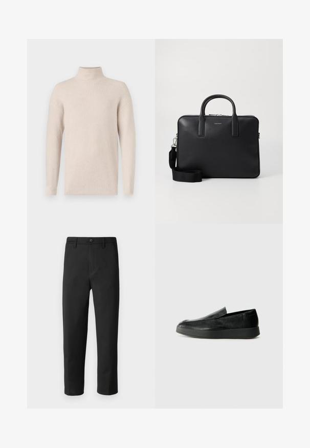 Pulover turtleneck de tricot ribat bej deschis, cu mâneci lungi și o croială ușor lejeră, afișat pe un fundal alb.; Pantaloni negri cu o croială dreaptă, fabricați dintr-un material neted. Prezintă un închidere cu nasture și bucle pentru curea. Fără modele sau accente vizibile.; Calvin Klein HYBRID CUP - Pantofi slip-on - triple black; Servietă din piele neagră cu un finisaj texturat, mânere duale, curea de umăr detașabilă și detaliu cu logo pe față. Închidere cu fermoar.