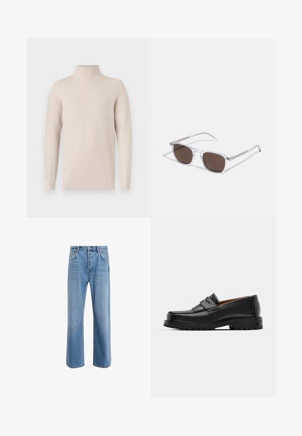 Helle beige, gerippte Strick-Turtleneck-Pullover mit langen Ärmeln und leicht lockerer Passform, auf einem weißen Hintergrund präsentiert.; Helle blaue Jeans im Geradeschnitt-Design, mit fünf Taschen, Knopfverschluss, minimaler Ausbleichung und kontrastierenden Nähdetails.; Schwarze Lederloafer verfügen über eine erhöhte Naht, zwei dekorative Riemen im oberen Bereich und eine dicke, strukturierte Sohle für zusätzlichen Halt.; Klarer Kunststoff-Sonnenbrillen mit rechteckigen braunen Gläsern, ausgestattet mit dünnen, transparenten Bügeln und Metallakzenten an den Schläfen.