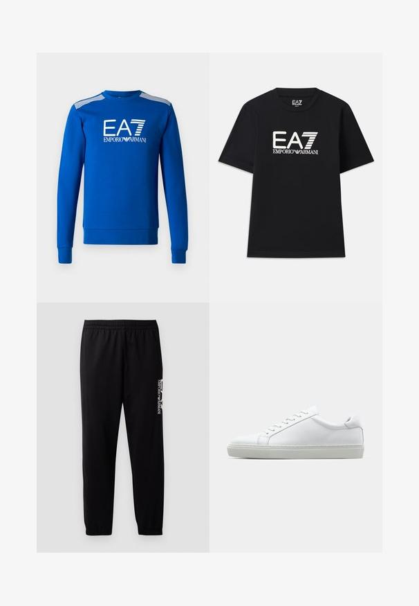 Blå genser med lange ermer, rund halslinning, har hvite EA7- og Emporio Armani-logoer; teksturerte skulderstriper.; Svart t-skjorte laget av bomull, med rund hals og korte ermer. Brodert logo "EA7 EMPORIO ARMANI" i hvitt på forsiden.; Sorte treningsbukser laget av glatt stoff, med elastisk midjebånd og mansjetter, samt en kontrasterende logo trykket på siden.; Hvit sneakers med en glatt skinnoverdel og lav profil. Har en rund tå, seks snøring hull, og en teksturert gummisåle.