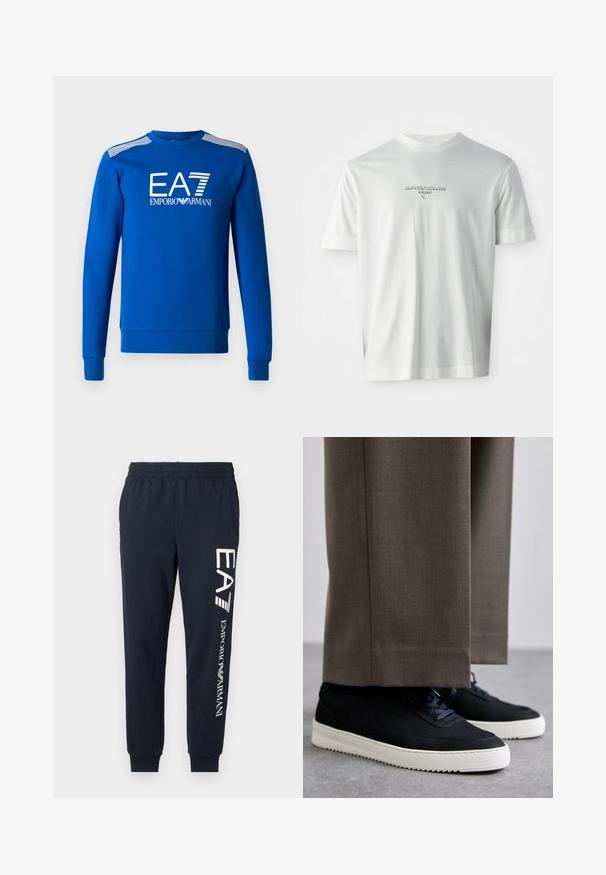 Blå sweatshirt med långa ärmar och rund halsringning, har vita EA7- och Emporio Armani-logotyper; strukturerade axelränder.; Vit T-shirt med kort ärm och "EMPORIO ARMANI MILANO" logotyp centrerad på bröstet i subtilt upphöjd bokstavsstil.; Mörkblå bomullsbyxor med elastisk midja, avsmalnande ben och kontrasterande vita EA7- och Emporio Armani-logotyper tryckta längs sidan.; Svarta mockaskor med vita gummi-sulor, med rund tå och snören, bärs tillsammans med grå skräddarsydda byxor.