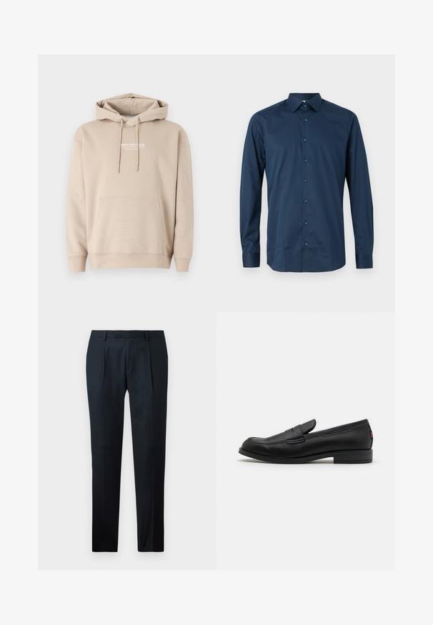 Beige Kapuzenpullover aus Baumwollmischung mit einer vorderen Kängurutasche und Kordelzugkapuze. Bedrucktes Logo auf der Brust. Weiche Textur.; Dunkelblaues Langarm-Hemd mit Knöpfen aus glattem Stoff. Es hat einen klassischen Kragen, eine Vorderleiste mit passenden Knöpfen und geknöpfte Ärmel.; Schwarze maßgeschneiderte Hose aus glattem Material mit schlankem Schnitt, zwei vorderen Falten und einem flachen Bund ohne sichtbare Beschläge.; Schwarze Lederloafer mit glatter Oberfläche, abgerundetem Zehenbereich und einem kleinen dekorativen Riegel. Ausgestattet mit einem niedrigen, gestapelten Absatz und einem dezenten Markenlogo.
