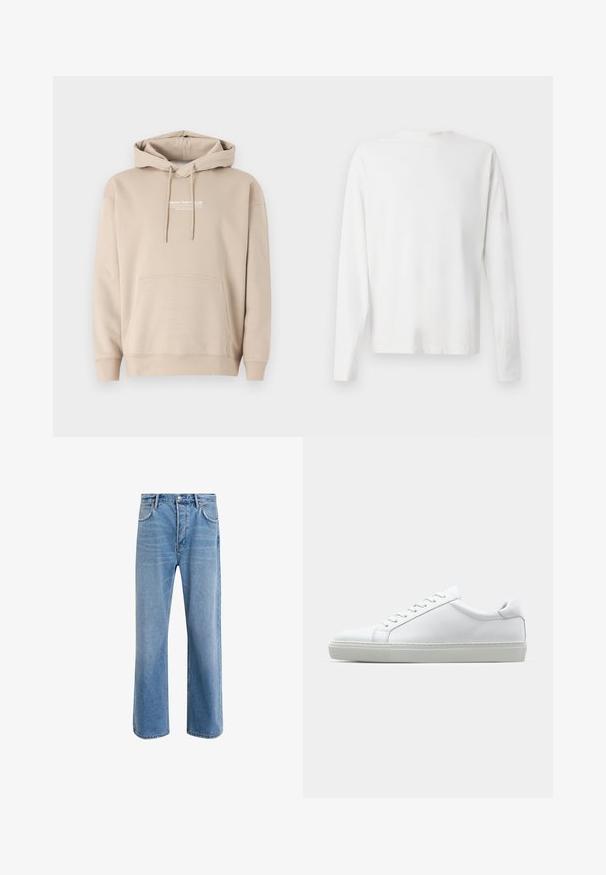 Felpa con cappuccio beige in misto cotone, dotata di tasca a marsupio frontale e cappuccio con cordino. Logo stampato sul petto. Texture morbida.; Camicia bianca in cotone a maniche lunghe con scollatura rotonda, spacchi laterali in fondo e una texture liscia, mostrata da dietro.; Jeans in denim blu chiaro con design a gamba dritta, cinque tasche, chiusura con bottone, leggero sbiadimento e dettagli di cucitura a contrasto.; Sneaker bianco con tomaia in pelle liscia e profilo basso. Presenta una punta arrotondata, sei occhielli e una suola in gomma testurizzata.