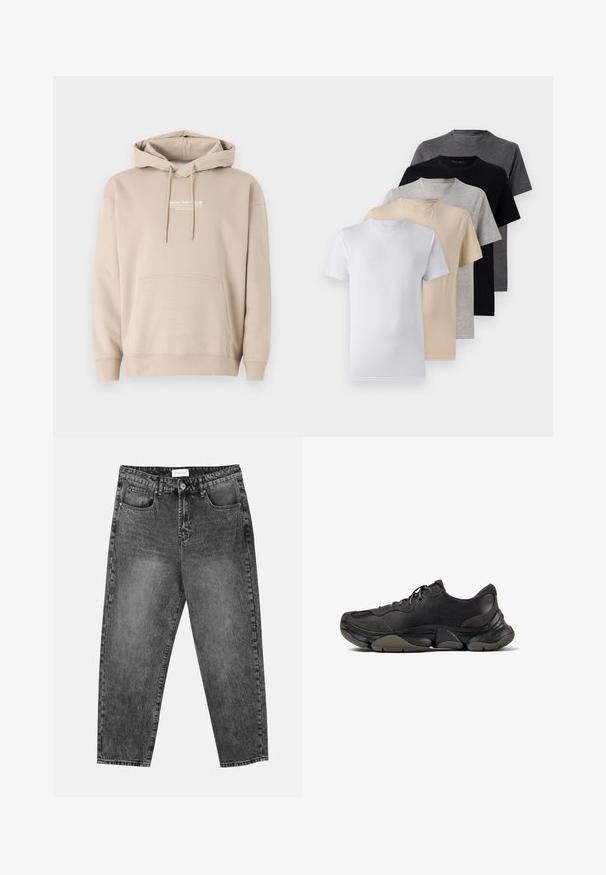 Beżowy hoodie wykonany z mieszanki bawełny, z przednią kieszenią kangurką i kapturem ze sznurkiem. Logo nadrukowane na klatce piersiowej. Miękka struktura.; Zestaw pięciu t-shirtów z krótkim rękawem w kolorach białym, beżowym, jasnoszarym, ciemnoszarym i czarnym. Wykonane z gładkiej bawełny, z klasycznym dekoltem.; Czarne jeansy o prostym kroju, prane na czarno, z kieszeniami z przodu i z tyłu, szlufkami na pasek oraz z zapięciem na guzik w pasie.; Czarne sportowe sneakersy z teksturowaną podeszwą, skórzanym i zamszowym wierzchem, wyściełanym kołnierzem i sznurowanym zapięciem, pokazane w profilu bocznym.