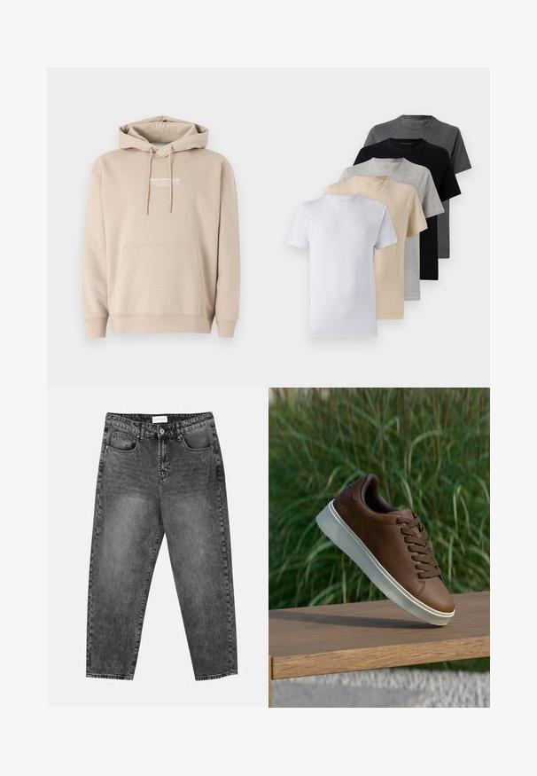 Beżowy hoodie wykonany z mieszanki bawełny, z przednią kieszenią kangurką i kapturem ze sznurkiem. Logo nadrukowane na klatce piersiowej. Miękka struktura.; Zestaw pięciu t-shirtów z krótkim rękawem w kolorach białym, beżowym, jasnoszarym, ciemnoszarym i czarnym. Wykonane z gładkiej bawełny, z klasycznym dekoltem.; Czarne jeansy o prostym kroju, prane na czarno, z kieszeniami z przodu i z tyłu, szlufkami na pasek oraz z zapięciem na guzik w pasie.; Brązowe skórzane sneakersy z białą gumową podeszwą, okrągłym noskiem i brązowymi sznurówkami. Teksturowany uchwyt na podeszwie i gładkie wykończenie na górze.