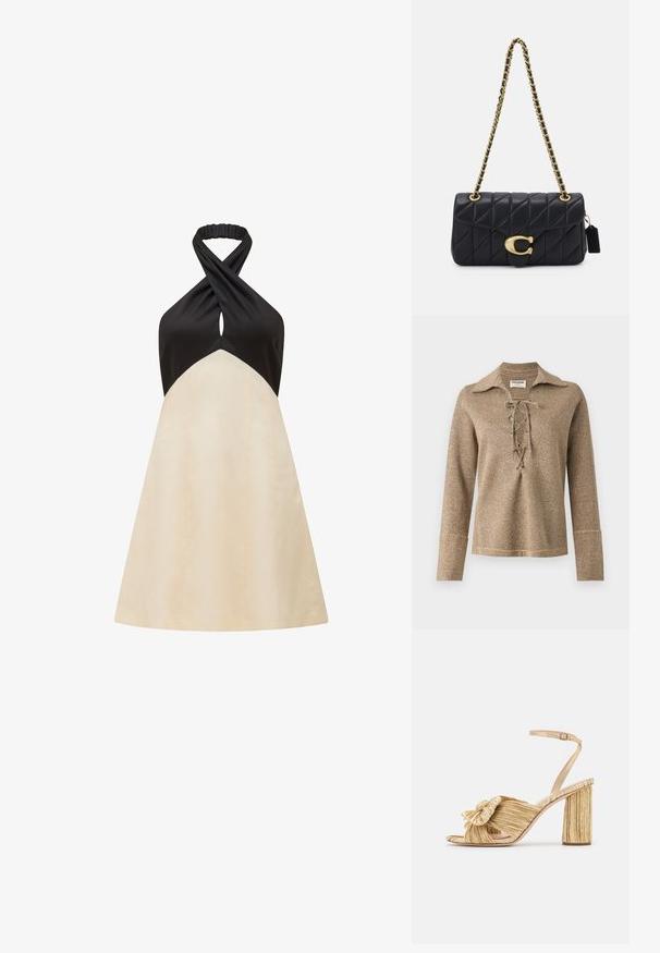 Haut à manches longues en dentelle doré, avec un col et un tissu texturé et scintillant, à coupe décontractée et avec des poignets cousus.; Robe dos nu avec un haut noir et une jupe évasée crème, présentant un design twist au niveau de l'encolure et une texture lisse.; Sandales dorées à talons avec un devant noué, texture plissée et une bride de cheville. Le talon carré a un design strié, améliorant l'adhérence.; Sac à main matelassé noir avec une bandoulière en chaîne dorée, présentant un fermoir doré distinctif et une petite étiquette, mettant en valeur une surface en cuir texturé.