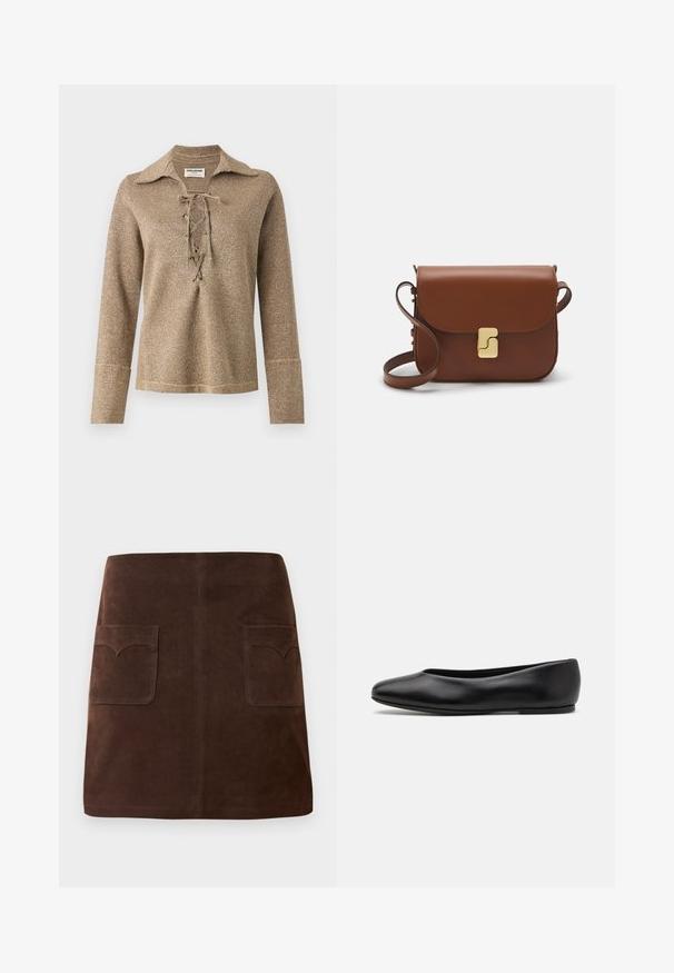 Top de manga larga con cordones en color dorado, que presenta un cuello y una tela texturizada y brillante con un ajuste relajado y puños cosidos.; Falda de ante marrón con una clásica forma de A, dos bolsillos frontales con solapas redondeadas y detalles de costura sutiles.; Paul Smith TOPANGA - Bailarinas - black; Bolso de mano de cuero marrón con cierre de solapa, herrajes en tono dorado, correa para el hombro y una textura suave. Forma rectangular compacta.