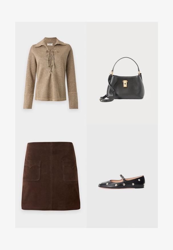 Top lungo a maniche sfilate in oro, con colletto e un tessuto testurizzato e scintillante, dal taglio morbido e con polsini cuciti.; Gonna in suede marrone con una classica forma a campana, due tasche frontali con alette arrotondate e dettagli di cucitura sottili.; Scarpa flat nera in pelle tipo Mary Jane con punta arrotondata, caratterizzata da borchie circolari argentate e una fascia regolabile con fibbia.; Borsa a mano in pelle nera con una finitura testurizzata, dotata di chiusura a lucchetto dorato, manico corto e tracolla staccabile.