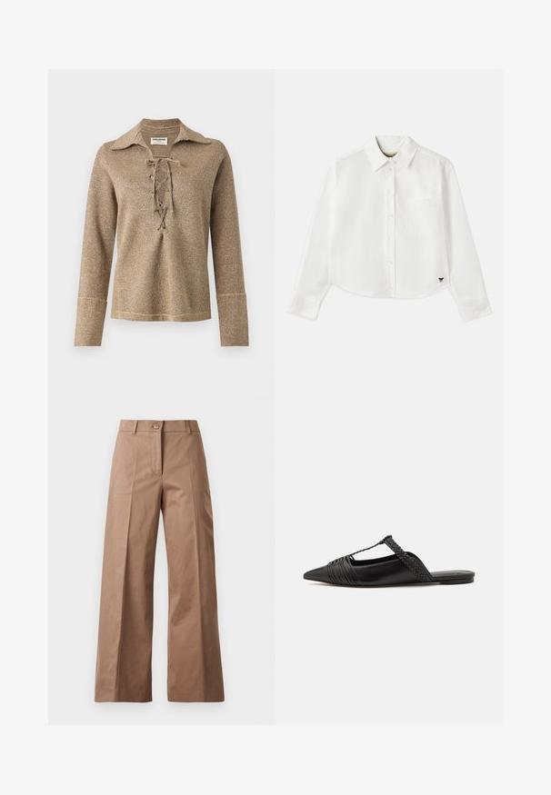 Top lung cu maneci lungi, cu șireturi, de culoare aurie, având o cămașă și un material texturat, strălucitor, cu o croială lejeră și manșete cusute.; Cămașă albă cropped cu mânecă lungă din bumbac. Prezentă un închizător cu nasturi în față, un buzunar pe piept și un mic logo negru în partea stângă jos.; Pantaloni largi de culoare maronie, confecționați dintr-un material neted, având o închidere cu nasture în față, două buzunare frontale și linii curate, croite.; Pantofii din piele neagră cu curea la spate au vârful ascuțit, prezentând un accent țesut și un design superior pliat. Talpa joasă cu hardware minim.