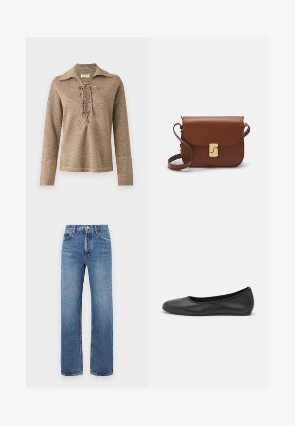 Goldener Longsleeve-Oberteil mit Schnürung, ausgestattet mit einem Kragen und einem strukturierten, schimmernden Stoff, der einen lockeren Sitz und genähte Manschetten aufweist.; Weißes kurzärmliges T-Shirt aus geripptem Stoff. Runder Halsausschnitt, normale Passform und dezente Nähte. Keine Muster oder Grafiken.; Blaue Denim-Jeans mit geradem Bein, fünf Taschen und Gürtelschlaufen. Der Stoff weist leichte Verblassungen und dezente Nähakzente auf.; Schwarze Leder-Ballettschuhe mit abgerundeter Spitze, glatter Textur, minimalen Nähdetails und einem flexiblen Sohlen-Design.; Braune Ledertasche mit Klappenverschluss, Beschlägen in Goldfarbe, einem Schultergurt und einer glatten Oberfläche. Kompakte rechteckige Form.