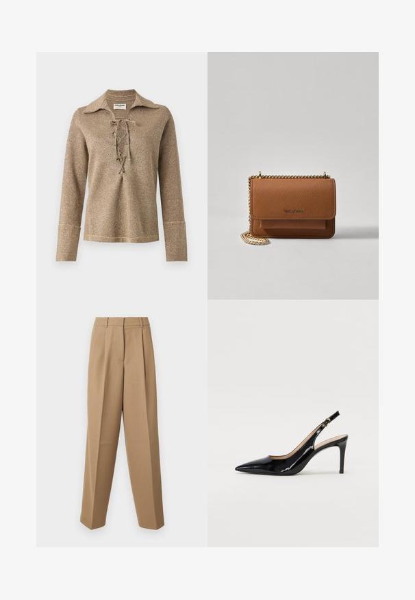 Złoty top z długim rękawem, zapinany na sznurki, z kołnierzykiem i teksturowanym, połyskującym materiałem, o luźnym kroju i przeszyty rękawami.; Beżowe spodni z wysokim stanem, z przodem plisowanym i szerokimi nogawkami. Materiał wydaje się gładki z delikatnym połyskiem.; Czarne lakierowane szpilki typu slingback z szpiczastym noskiem, smukłym obcasem i subtelnym wycięciem. Posiadają złotą klamrę na pasku.; Brązowa skórzana torba na ramię z teksturą, z złotym łańcuszkiem i zapięciem na klapkę. Z przodu znajduje się detal z logo oraz kieszeń pod klapką.