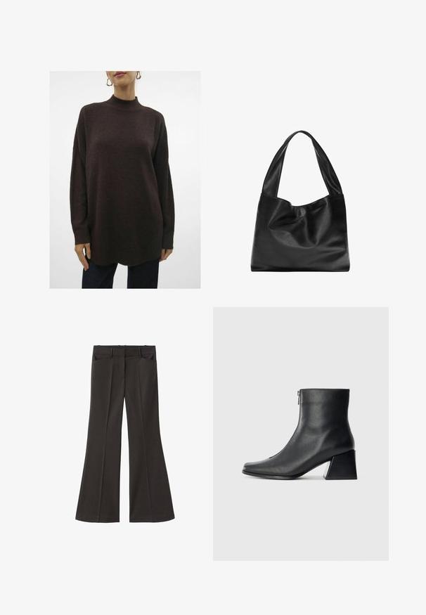 Strukturierter, übergroßer, dunkelbrauner Strickpullover mit hohem Kragen, überschnittenen Schultern und gerippten Bündchen. Endet am Saum mit einer leichten Rundung.; Schwarze, weit geschnittene Hosen mit hoher Taille; verfügt über zwei Fronttaschen und eine glatte Stoffoberfläche. Geeignet für verschiedene Anlässe.; Schwarze Lederstiefelette mit quadrater Zehenform, seitlichem Reißverschluss und Blockabsatz vor einem schlichten hellen Hintergrund.; Schwarze Leder-Tote mit einem weichen, lässigen Design, breiten Griffen und einer glatten Textur. Keine sichtbaren Beschläge oder Verzierungen.