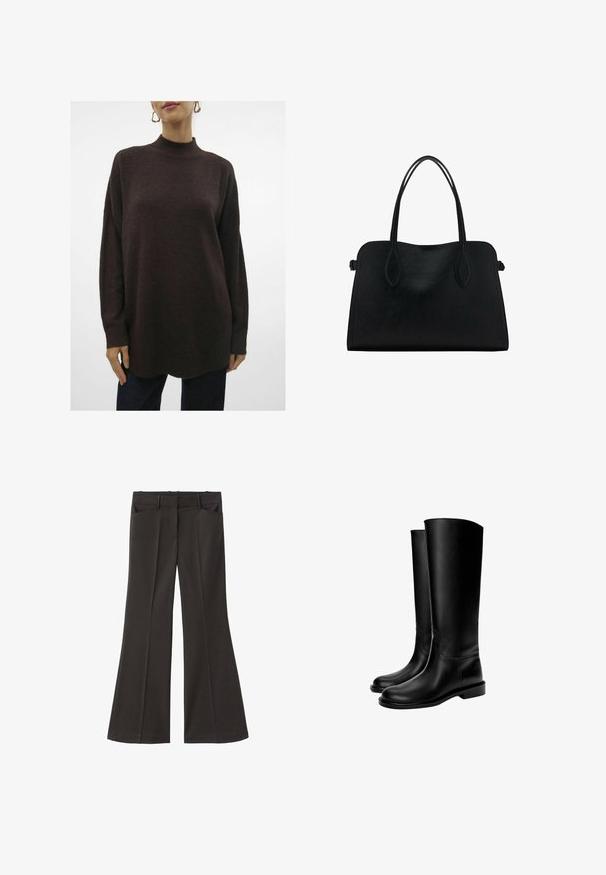 Teksturiran, oversize, temno rjav pleten sveter z visokim ovratnikom, spuštenimi rameni in rebrastimi manšetami. Končuje se z rahlimi krivuljami na robu.; Črne razširjene hlače z visokim pasom; vključujejo dva sprednja žepa in gladko teksturo tkanine. Primerne za različne priložnosti.; Črne usnjene škornje do kolen z gladko teksturo, zaobljenim prstom, ravnim podplatom in minimalističnim dizajnom, ki vsebuje šivane šive in brez vidne opreme.; Črna usnjena torbica z dvema naramnima trakoma, pravokotne oblike in minimalističnim dizajnom na beli podlagi.