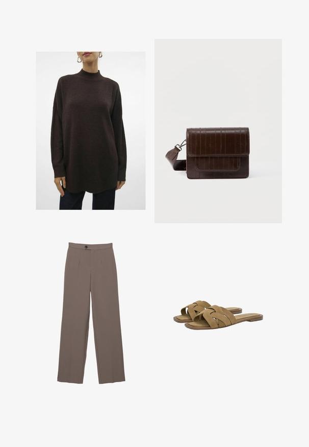 Strukturierter, übergroßer, dunkelbrauner Strickpullover mit hohem Kragen, überschnittenen Schultern und gerippten Bündchen. Endet am Saum mit einer leichten Rundung.; Braune weite Hosen mit einer glatten Textur, ausgestattet mit Vorderfalten, einem Knopfverschluss und einem maßgeschneiderten Design.; Braune Wildleder-Sandalen mit Kreuzriemen-Design und flacher Sohle. Weiche Textur und minimalistischer Look. Geeignet für die Freizeit.; Braune Umhängetasche aus Leder mit strukturierter Oberfläche, ausgestattet mit einer Klappe zum Verschließen, verstellbarem Riemen und einer Fronttasche. Kompakte rechteckige Form.