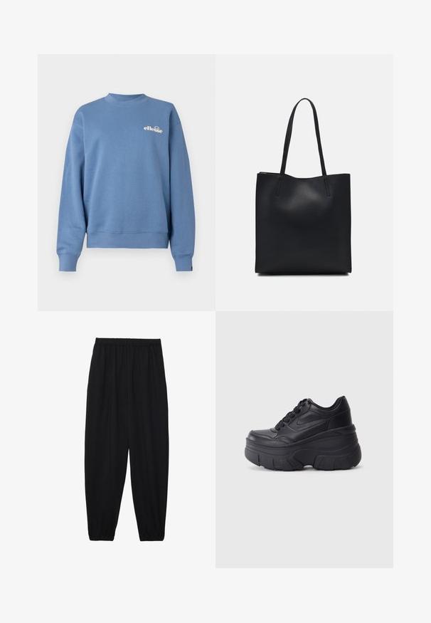 Blå sweatshirt i mjukt tyg, med rund hals, ribbad cuffs och en vit logotyp på bröstet.; Svarta, lätta byxor med elastisk midja och samlade ankleder. Tyget är slätt och har en avslappnad, avsmalnande design.; Svarta snörskor med en tjock sula, med överdel i slät läder, rund tå och en distinkt lagerdesign på plattformen.; Svart lädertoffelväska med slät textur, rektangulär form och två långa handtag. Ingen synlig hårdvara eller dekorationer.
