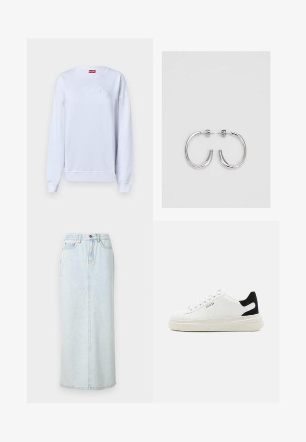 Felpa bianca in cotone con scollatura rotonda e maniche lunghe. Logo ricamato al centro e polsini e orlo a costine.; Gonna maxi in denim leggero azzurro con design dritto, chiusura frontale a bottoni e cuciture a vista. Presenta due tasche anteriori.; Sneaker bianchi in pelle con suola spessa bianca, accento in suede nero sul tallone e logo impresso sul lato. Design con lacci e sei fori per i lacci.; Orecchini a cerchio in argento con una finitura liscia e lucente. Forma arrotondata, design leggero, con chiusura a perno.