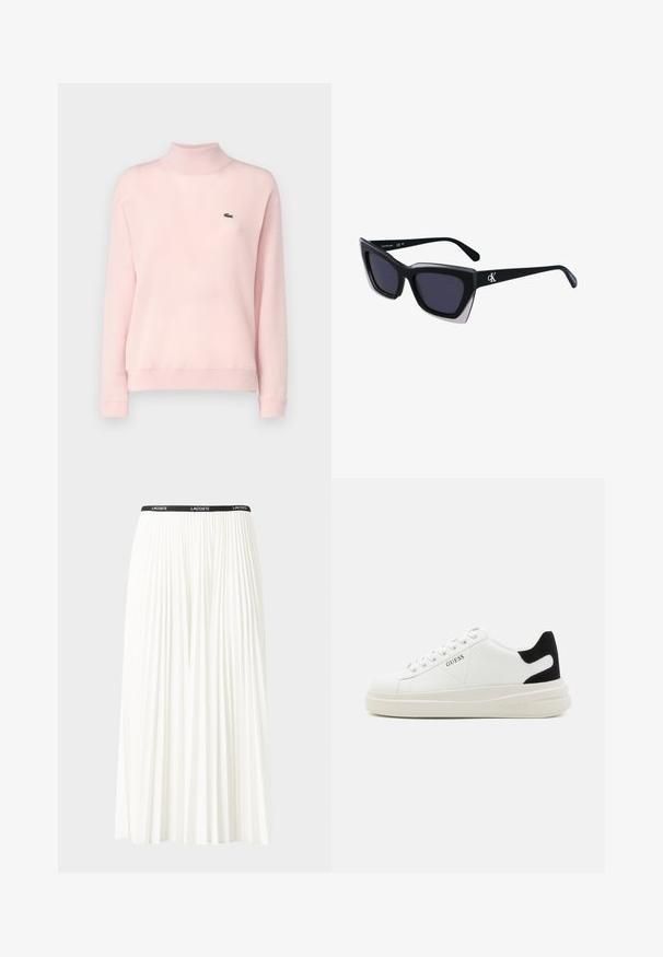 Világos rózsaszín garbó pulóver puha anyagból. Részletezi bordás mandzsetták és gallér, bal oldalon egy kis zöld logóval.; Plisszírozott fehér szoknya fekete elasztikus derékkal, amelyen a "LACOSTE" logó található. Középhosszú kialakítás, puha tapintással.; Fehér bőr sportcipők vastag fehér talppal, fekete velúr sarokpikkelyel és dombornyomott logóval az oldalon. Fűzős kialakítás, hat fűzőlyukkal.; Fekete, nagyméretű napszemüveg geometrikus formával, sötét lencsékkel és kontrasztos szürke részlettel a kereten. Logó a szárán.