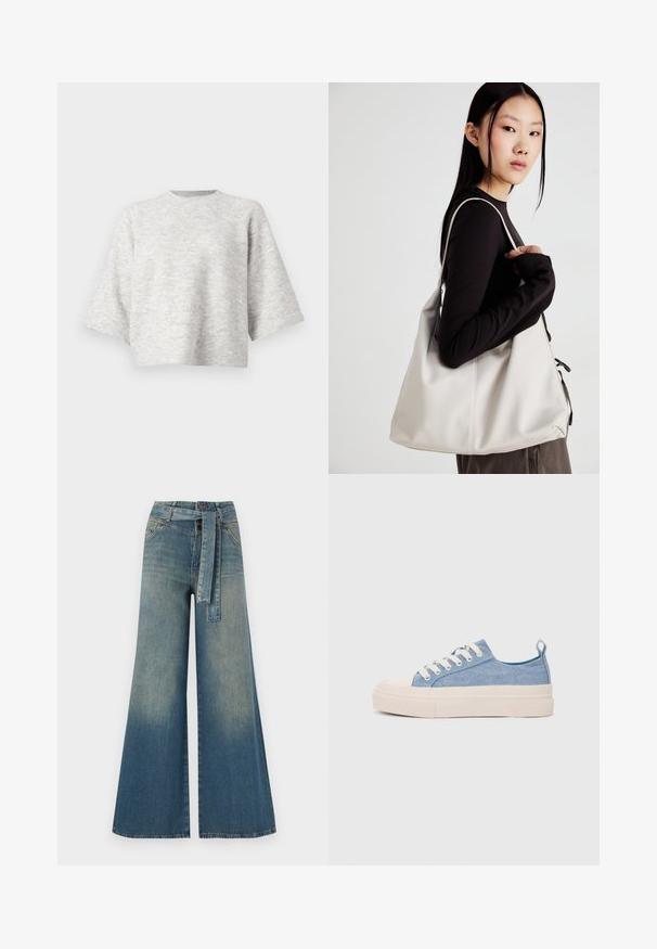 Pilkos spalvos megztinis su laisvu, kubo formos siluetu ir plačiomis rankovėmis. Yra apvalus iškirpimas ir švelni tekstūra. Nėra matomų raštų ar akcentų.; Platus džinsinis kelnes su šviesiai tamsiai mėlynu gradientu, aukštu juosmeniu, diržo kilpomis ir atitinkančiu audinio diržu. Textūruotas džinsinis paviršius.; Šviesiai mėlyni drobės sportbačiai su kreminiu guminiu pirštų apsaugos ir pado elementu, balti raišteliai ir kilpa ant kulno.; Bežinė rankinė, pagaminta iš minkštos medžiagos, turinti laisvą dizainą, siuvinėtas detalės ir dvi petnešos. Tinkama kasdieniam naudojimui.