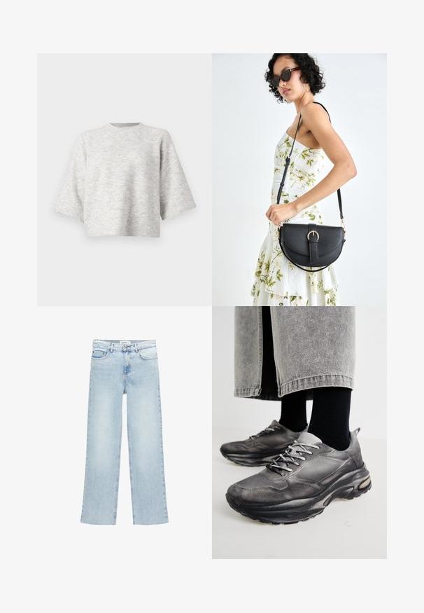 Grey knit sweater with a relaxed, boxy shape and wide sleeves. Features a crew neckline and soft texture. No visible patterns or accents.; Light blue wide-leg jeans made of denim with a high waist, five pockets, and a button-fly closure. Features minimal stitching detail.; Black and gray athletic shoes feature a mesh upper, thick soles, and laces. They have a rounded toe and visible cushioning detail.; Black leather handbag with a curved shape, detachable strap, and gold hardware. The bag features a flap with a buckle detail.
