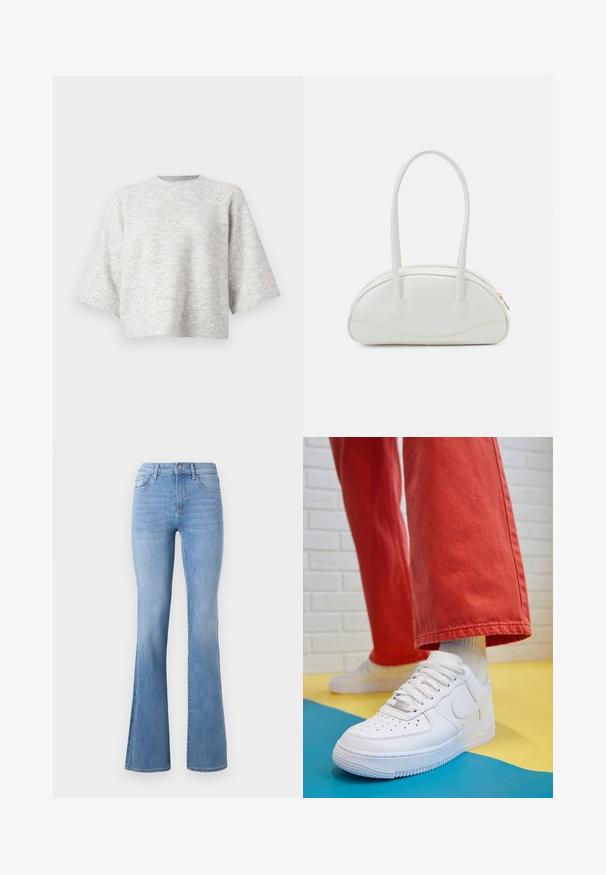 Szary sweter z dzianiny o luźnym, pudełkowym kroju i szerokich rękawach. Posiada okrągły dekolt i miękką fakturę. Brak widocznych wzorów lub akcentów.; Jasnoniebieskie dżinsy w dzwonach z średnim stanem, klasycznym pięciokomorowym fasonem i subtelnym blaknięciem wzdłuż nóg. Tekstura tkaniny dżinsowej.; Białe skórzane sneakersy z perforowanym czubkiem, teksturowaną podeszwą i białymi sznurowadłami, w połączeniu z szerokimi czerwonymi spodniami na niebiesko-żółtym tle.; Even&Odd - Torebka
