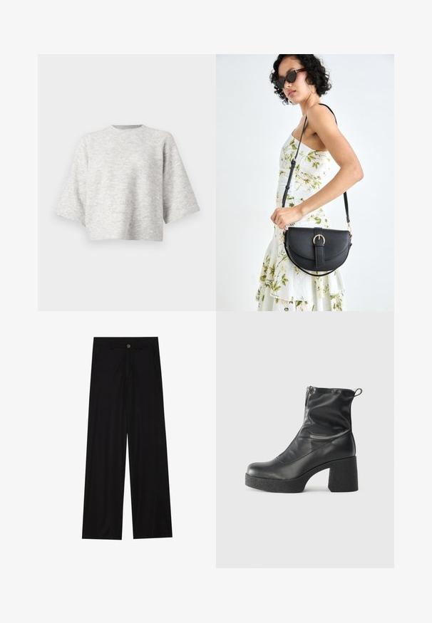 Grey knit sweater with a relaxed, boxy shape and wide sleeves. Features a crew neckline and soft texture. No visible patterns or accents.; Wide-leg black trousers made of a smooth fabric, featuring front pockets and a button closure at the waist. Minimalist design with no patterns.; Black ankle boots made of smooth leather, featuring a side zipper, chunky textured heel, and rounded toe design.; Black leather handbag with a curved shape, detachable strap, and gold hardware. The bag features a flap with a buckle detail.