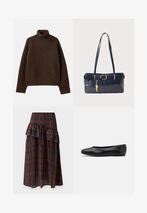 Brun turtleneck sweater med et struktureret strikmønster. Har ribbede manchetter og kant, samt en let løs pasform. Blødt, hyggeligt materiale.; Maxikjole i mørkerød og sort ternet mønster, med lagdelte flæser i livet, lavet af letvægtsstof med en blød tekstur.; Paul Smith TOPANGA - Ballerinasko - black; Mørkeblå læderhåndtaske med to lange håndtag, en spænde detaljer og en nøglering vedhæftet. Den har en glat tekstur og en rektangulær form.