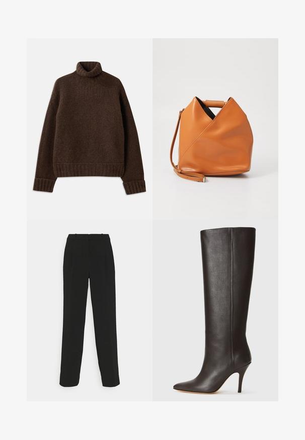 Brauner Rollkragenpullover mit strukturiertem Strickmuster. Mit gerippten Bündchen und Saum sowie einer leicht lockeren Passform. Weiches, gemütliches Material.; Schwarze, maßgeschneiderte Hose mit geradem Bein, hoher Taille, Falten und glattem Stoff.; Schwarze knöchelhohe Lederstiefel mit spitzem Schuhspitze, schlankem Design und dünnem hohen Absatz. Glatte Textur und minimale Verzierungen.; Braune Lederhandtasche mit einzigartigem dreieckigem Faltendesign, Obergriff und abnehmbarem Schultergurt auf weißem Hintergrund.
