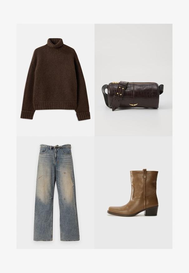 Pull col roulé marron avec un motif de tricot texturé. Présente des poignets et un ourlet côtelés, et une coupe légèrement ample. Matière douce et confortable.; Jean en denim bleu clair avec une coupe ample et droite. Caractéristiques de décoloration, d'effilochage et de détails usés près des genoux. Style classique à cinq poches.; Bottine en cuir marron avec un orteil carré, une finition texturée et un petit talon empilé. Présente une languette à l'arrière et des détails de couture subtils.; Sac en cuir embossé crocodile marron avec une forme cylindrique, quincaillerie dorée et une bandoulière détachable ornée de clous.
