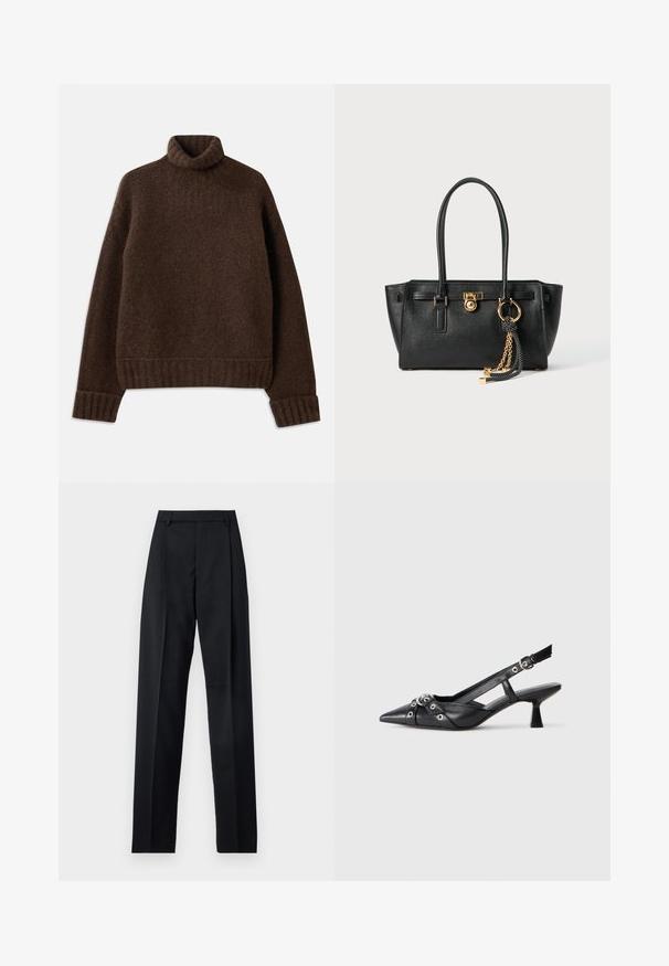 Brauner Rollkragenpullover mit strukturiertem Strickmuster. Mit gerippten Bündchen und Saum sowie einer leicht lockeren Passform. Weiches, gemütliches Material.; Schwarze Hosen aus glattem Stoff mit hoher Taille, weitem Bein, vorderen Falten und klassischen Gürtelschlaufen. Keine sichtbaren Seitentaschen.; Schwarzer Leder-Slingback-Schuh mit spitz zulaufender Zehenpartie, dekorativen Riemen mit METALLÖSEN und niedrigem Blockabsatz. Strukturelle Oberfläche.; Schwarze Lederhandtasche mit doppelten Griffen, goldfarbener Verschluss- und Kettendetails sowie einem schwarz-weißen Quastenaccessoire vor weißem Hintergrund.