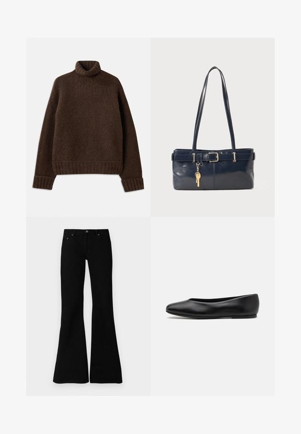 Rjav pulover s polo ovratnikom in teksturiranim pletenjem. Ima rebraste manšete in rob, ter nekoliko ohlapen kroj. Mehka in prijetna tkanina.; Črne razširjene kavbojke iz denima, ki vključujejo klasično zasnovo s petimi žepi, zapiranje na gumb in diskretne šive ob šivih.; Paul Smith TOPANGA - Balerinke - black; Mornarska usnjena torbica z dvema dolgima ročajema, dodatkom z zaponko in pritrjeno ključavnico. Ima gladko teksturo in pravokotno obliko.