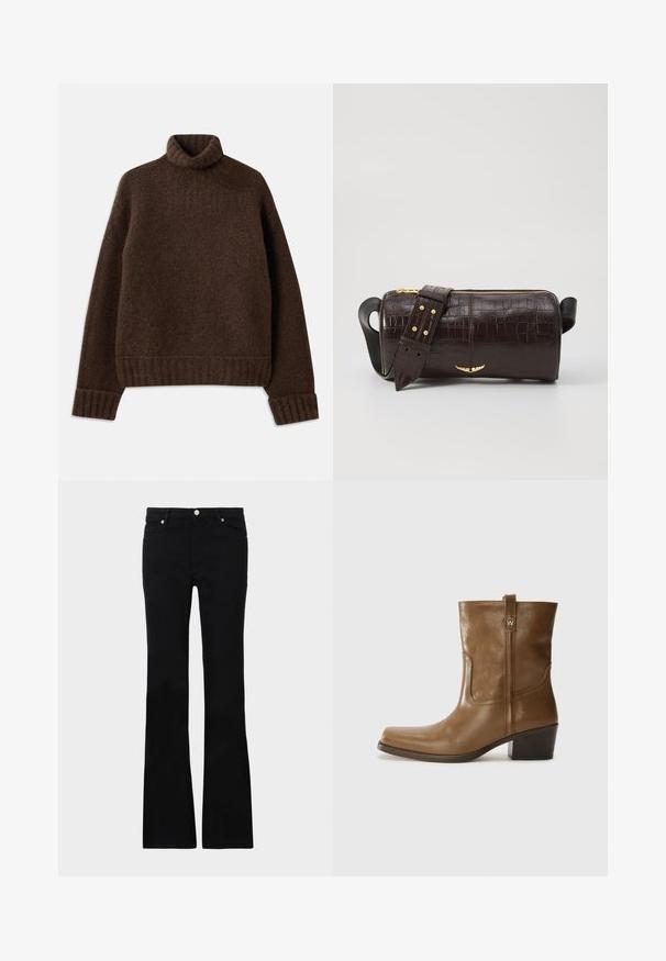 Ruskea pooloneule, jossa on teksturoitu neulekuvio. Ominaisuuksina ribbireunat hihoissa ja helmassa sekä hieman löysä istuvuus. Pehmeä ja mukava materiaali.; Mustat levenevät farkut, valmistettu denimi- materiaalista, varustettu kahdella etutaskulla, napin sulkimella ja sileällä pinnalla. Alussa näkyviä erityisompeleita.; Ruske nahkasaappaat nilkkamittaisella leikkauksella, neliönmuotoisella kärjellä, teksturoidulla pinnalla ja alhaisella pinottavalla korolla. Varustettu takana olevan vetotarran ja huomaamattomilla ompeleilla.; Ruskea krokotiilinkuosilla varustettu nahkalaukku, jossa on sylinterimäinen muoto, kultasävyiset yksityiskohdat ja irrotettava hihna, jossa on niittejä.