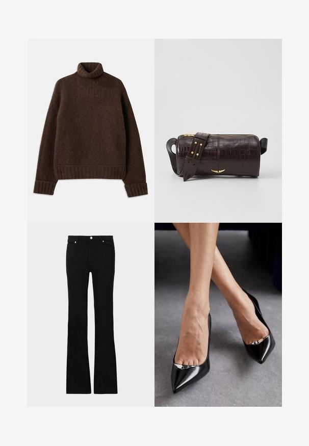 Hnedý rolák s textúrovaným pletením. Má rebrované manžety a lem, a je mierne voľný. Mäkký a útulný materiál.; Čierne rozšírené džínsy vyrobené z denimu, s dvoma prednými vreckami, zapínaním na gombík a hladkým povrchom. Viditeľné podpisové šitie na švoch.; Čierne kožené topánky na vysokom opätku s špicatou špičkou a otvoreným dizajnom, ktorý obsahuje dekoratívny strieborný akcent. Hladká textúra s lesklým povrchom.; Hnedá taška z kože s embosovaným vzorom krokodíla, cylindrického tvaru, so zlatými hardvérovými doplnkami a odnímateľným popruhom so štítkami.