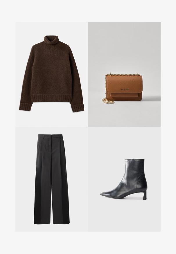 Brauner Rollkragenpullover mit strukturiertem Strickmuster. Mit gerippten Bündchen und Saum sowie einer leicht lockeren Passform. Weiches, gemütliches Material.; Schwarze, weit geschnittene Hose mit hoher Taille, versehen mit Frontfalten, einer glatten Textur und einem maßgeschneiderten Finish. Entworfen für eine lockere Passform.; Schwarze Lederstiefelette mit spitzer Zehe und schlankem Design. Verfügt über einen niedrigen Absatz und einen Reißverschluss hinten. Glatte Textur.; Braune strukturierte Ledertasche mit goldener Kettenriemen und Klappenverschluss. Die Vorderseite zeigt ein Logo-Detail und eine Tasche unter der Klappe.