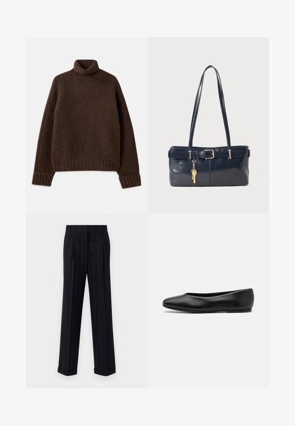 Brown turtleneck sweater with a textured knit pattern. Features ribbed cuffs and hem, and a slightly loose fit. Soft, cozy material.; Black pinstriped trousers with a tailored fit, featuring a cuffed hem and front pleats. Made of smooth fabric with a structured design.; Paul Smith TOPANGA - Ballet pumps - black; Navy leather handbag with two long handles, a buckle detail, and a keychain attached. Features a smooth texture and a rectangular shape.