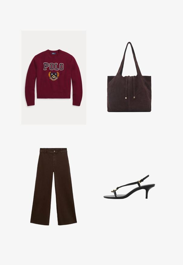 Polo Ralph Lauren LOGO CREST WOOL CREWNECK SWEATER - Vesta - rich ruby; Smeđe široke hlače od pamuka, s raspucanim rubom, prednjim kopčanjem na dugme i klasičnim dizajnom s pet džepova. Minimalističke i svestrane.; Crne kožne sandale s kitten heel potpeticama, tankim trakama, zlatnom kopčom i minimalističkom petom za prste, na bijeloj pozadini.; Mango Velika torba - dark brown