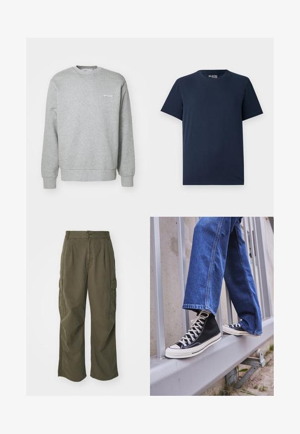 Grå bomulds sweatshirts med rund halsudskæring, lange ærmer, ribbede manchetter og et lille hvidt logo på venstre bryst. Blød tekstur.; Mørkeblå bomulds T-shirt med rund halsudskæring og korte ærmer. Har et enkelt design uden mønstre eller pynt.; Cargo bukser i olivengrøn, lavet af bomuld, med et bredt ben design, læg og sidelommer til praktisk anvendelse.; Sorte høj-top sneakers med hvid sål og snørebånd, parret med løse blå denimjeans, hvilende på et gråt gelænder.