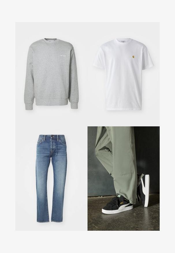 Grå bomullssweatshirt med rund hals, lange ermer, ribbestrikkede mansjetter og en liten hvit logo på venstre bryst. Myk tekstur.; Hvit bomull t-skjorte med korte ermer, rund hals, med en liten gulllogo på venstre brystområde. Myk tekstur og vanlig passform.; Blå denimjeans med rett snitt, med medium vask, fem lommer og subtil fading. Inkluderer et klassisk liv og beltehemper.; Sorte semskede sneakers med hvite gummisåler og sidestiper, sammen med lysegrønne cargo-bukser, står på en teksturert mørk overflate.