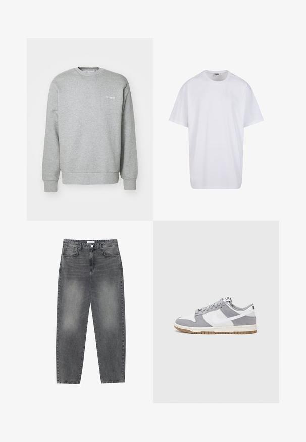 Šedá bavlněná mikina s kulatým výstřihem, dlouhými rukávy, žebrovanými manžetami a malým bílým logem na levé hrudi. Měkká textura.; Bílé triko z bavlny s krátkým rukávem, kulatým výstřihem, volným střihem a bez viditelných log či vzorů. Hladká textura a minimalistický design.; Kalhoty s vysokým pasem, volného střihu, vyrobené z vybledlého černého denimu. Mají pět kapes, poutka na opasek a čistý, rovný střih nohavic.; Šedé a bílé tenisky s svrškem z jemné kůže a kůže, kulatou špičkou, plochými tkaničkami a gumovou podrážkou s akcentem v barvě gumy.