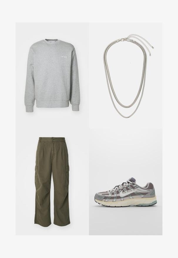 Hallhallane puuvillane sviiter, millel on ümmargune kaelus, pikad varrukad, soonikkoes mansetid ja väike valge logo vasakul rinnal. Pehme tekstuur.; Olivi rohelised cargo püksid, valmistatud puuvillast, laia jala disainiga, voldikute ja küljetaskutega praktilisuse huvides.; Hallus hallitus jalanõud, millel on võrgust ja sametist ülemine osa, valged rõhutused, pehme tald ning eristuv disain peegelduvate elementidega.; Kolmekihiline hõbedane metallkaelakee, mis on valmistatud peentest, paindlikest kettidest kerge läikega, kinnitatud krabi sulguri ja reguleeritava ketiga.