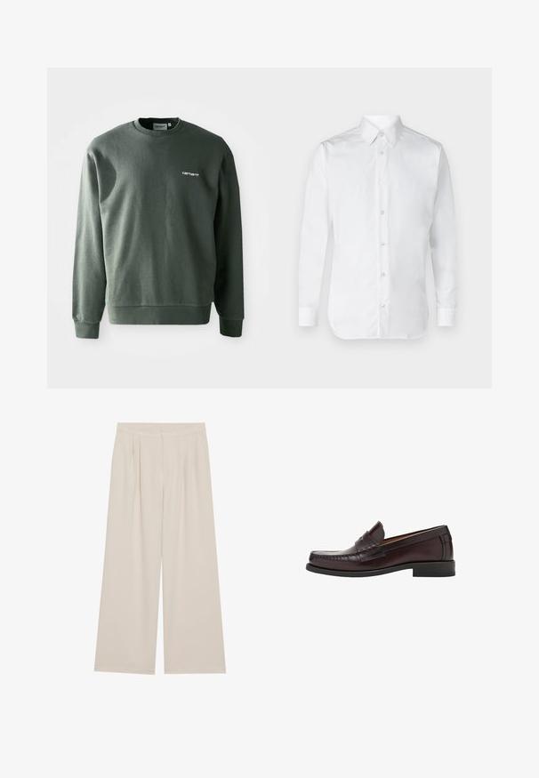 Felpa verde scuro in misto cotone, con collo a girocollo, polsini a coste e un piccolo logo bianco sul lato sinistro del petto.; Camicia bianca con bottoni, maniche lunghe, realizzata in cotone morbido, con colletto classico e un leggero lucido. Cinque bottoni sul davanti.; Pantaloni beige a gamba larga con parte frontale liscia, pieghe e vita elastica. Realizzati in un tessuto leggero con una consistenza morbida.; Mocassini in pelle marrone con punta arrotondata, cuciture decorative sulla parte anteriore e suola in gomma piatta per supporto e durata.