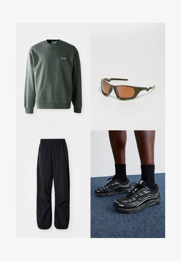 Donkergroen sweatshirt van een katoenmix, met een ronde hals, geribbelde manchetten en een klein wit logo op de linkerborst.; Zwarte lichtgewicht cargobroek met een elastische tailleband, zijritsen en ruime zakken. Heeft een losse pasvorm en taps toelopende boorden.; Zwarte Nike-schoenen hebben een bovenwerk van mesh met accentstreepjes, getextureerde veters en een zwarte rubberen zool. Draag ze met zwarte geribde sokken.; Olijfgroene zonnebril met rechthoekige lenzen en oranje tint, voorzien van een gestructureerd montuur en kenmerkende hoekige veren.