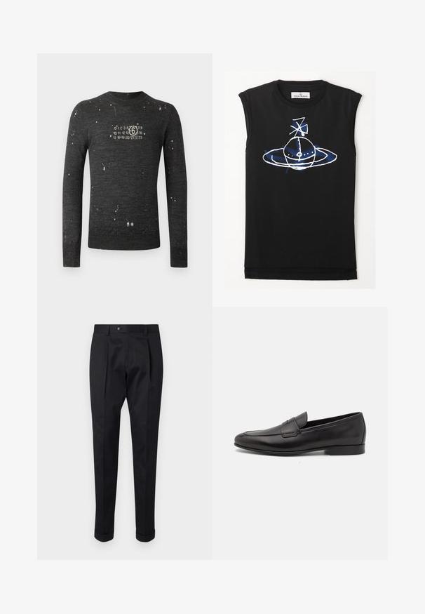 Tmavě šedý svetr s kulatým výstřihem, se znatelným poškozením a bílými tištěnými čísly na přední straně. Texturovaná látka.; Černý tílko bez rukávů s modro-bílou grafickou kombinací znázorňující planetu s prsteny a satelitními prvky. Měkký bavlněný materiál.; Černé kalhoty z hladkého materiálu s pukem vpředu, zapínáním na knoflík a ohrnutými manžetami u kotníků.; Černé kožené pánské mokasíny s nízkým podpatkem a klasickým designem se sponou, zobrazené v bočním profilu na bílém pozadí.